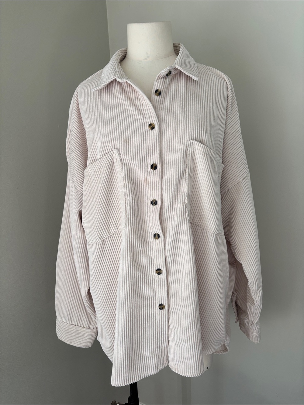 Streetwear Society Long Sleeve Soft Ribbed Button Down Cream/Off White XL